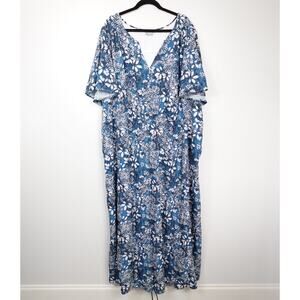 eShakti Blue Floral Short Sleeve V-Neck Maxi Dress with Pockets Size 5X 32W